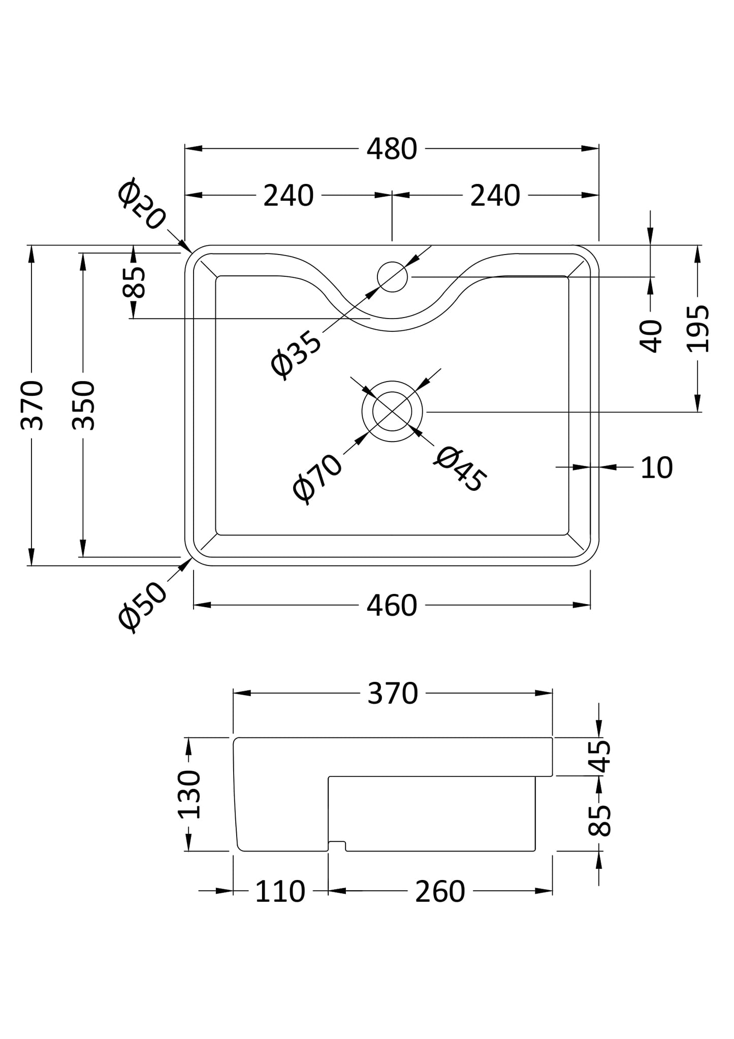 Hudson Reed Semi-Recessed Basin 480 x 370 x 130mm