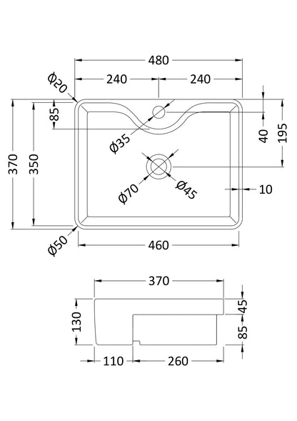 Hudson Reed Semi-Recessed Basin 480 x 370 x 130mm
